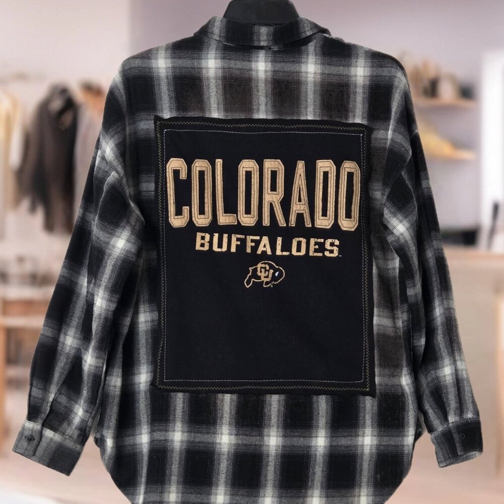 Upcycled Colorado University CU Buffs Buffalos graphic tshirt plaid flannel